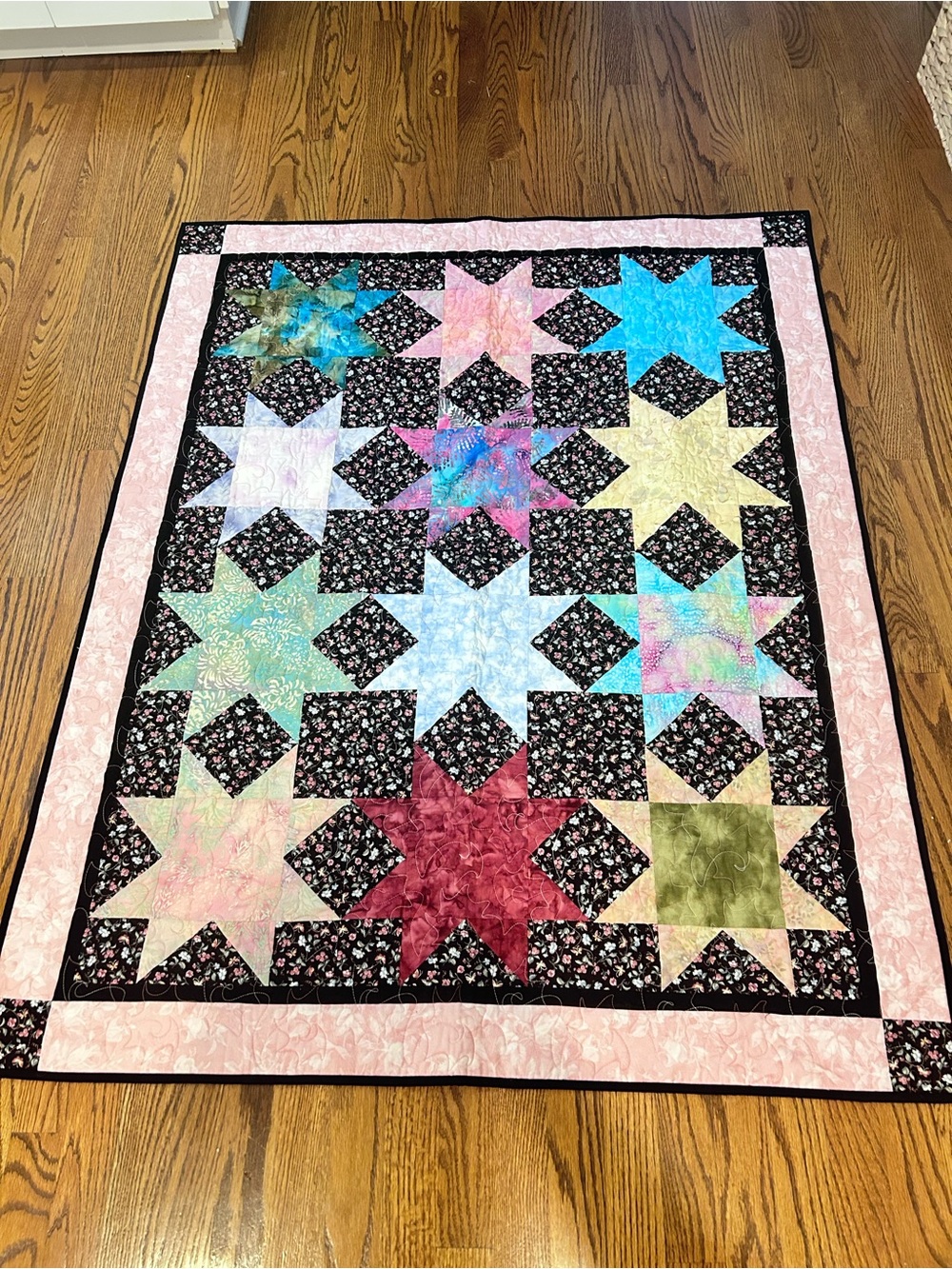 Handmade Ohio Star Quilt Pastel Batik Floral Throw Blanket Pink cottagecore blk